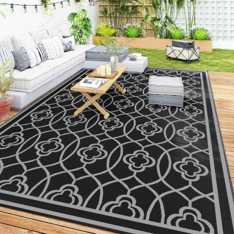 Outsunny 9' x 18' Outdoor RV Rug, Reversible Patio Floor Mat with Carry Bag, Lantern, Black and Grey