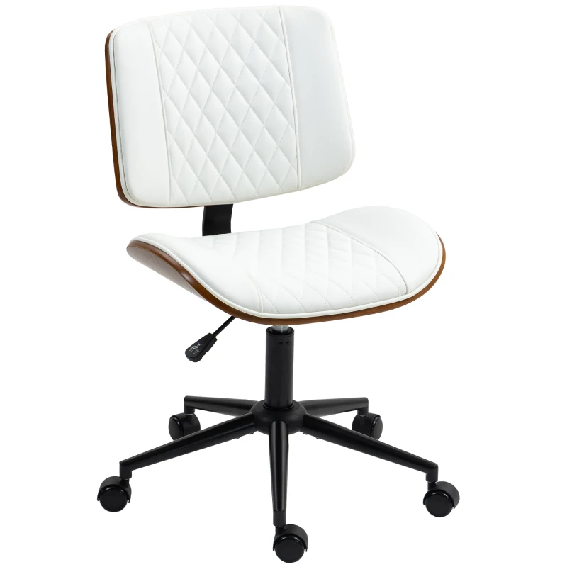 HOMCOM Home Office Chair No Arms with Wheels, PU Leather Desk Chair with Adjustable Height, 360 Swivel for Reading, White
