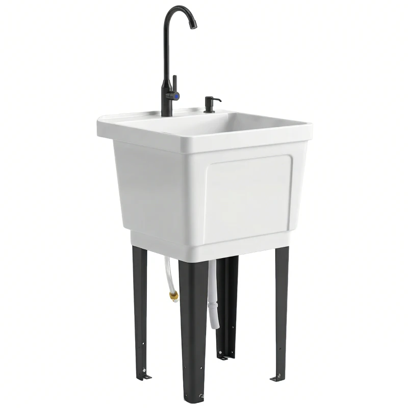 Outsunny Portable 23-Gallon Utility Sink Laundry Tub for Washing Room, Freestanding Laundry Sink with Soap Dispenser, White