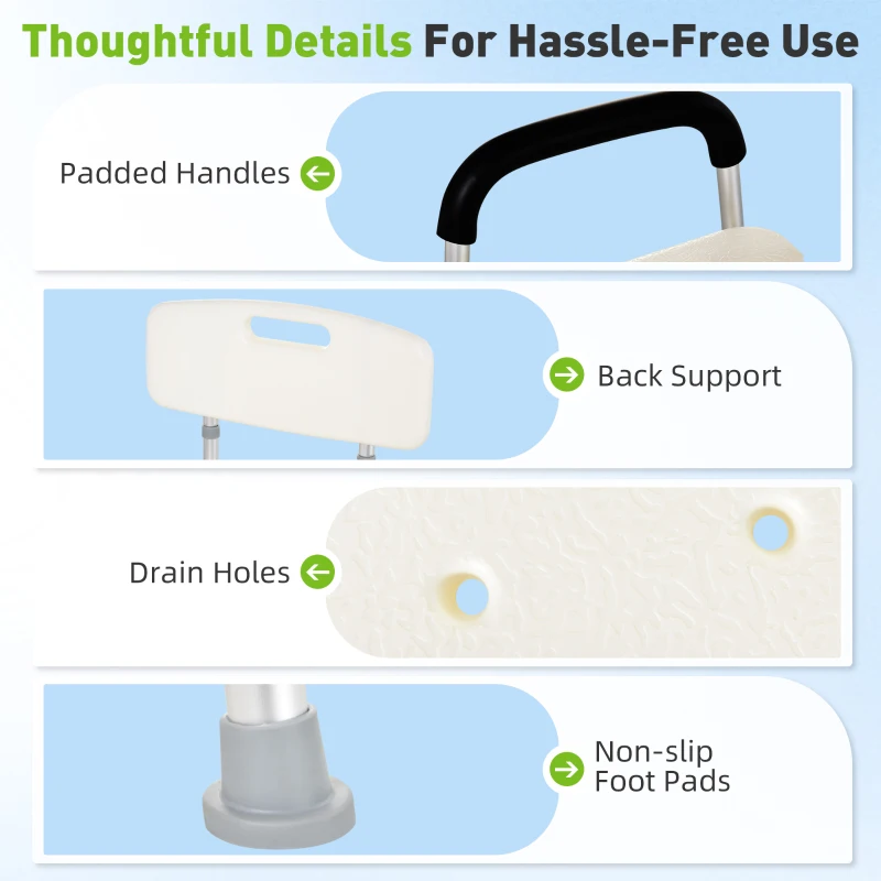 HOMCOM Shower Chair, Mobility Medical Grade Bath Chair, Adjustable Shower Bench with Removable Armrests for Seniors, Handicap, Disabled