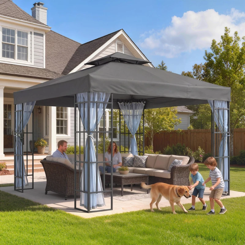 Outsunny 10'x10' Garden Gazebo Patio Canopy Portable Party Event Backyard w/ Mosquito Netting Dark Grey