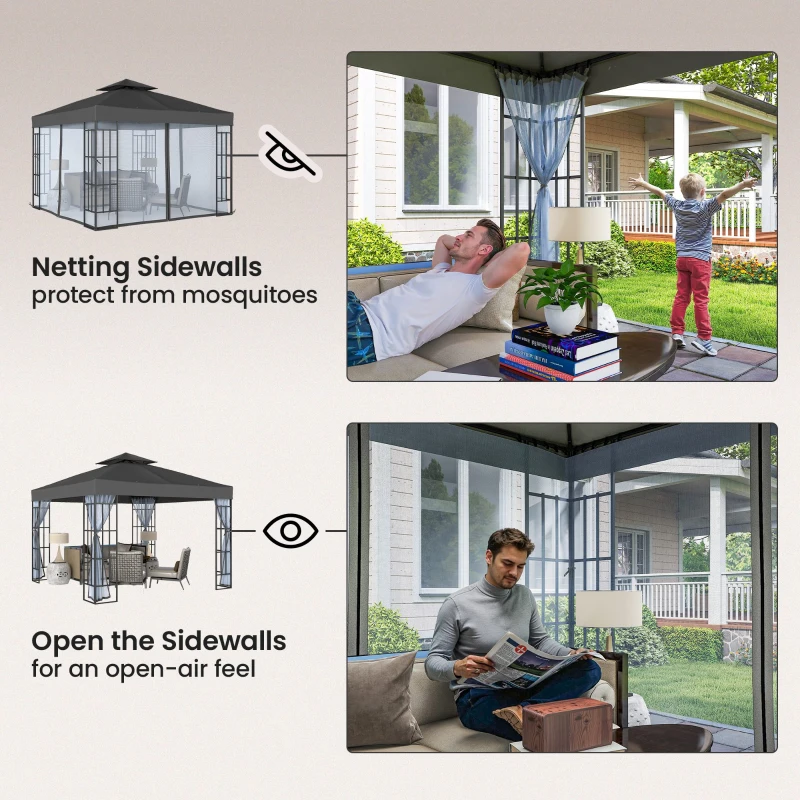 Outsunny 10'x10' Garden Gazebo Patio Canopy Portable Party Event Backyard w/ Mosquito Netting Dark Grey
