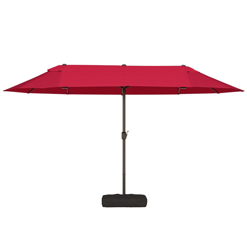 Outsunny 15' Outdoor Patio Umbrella with Twin Canopy Sunshade Steel Table Umbrella with Lift Crank, Cross base, Sandbag, Wine Red