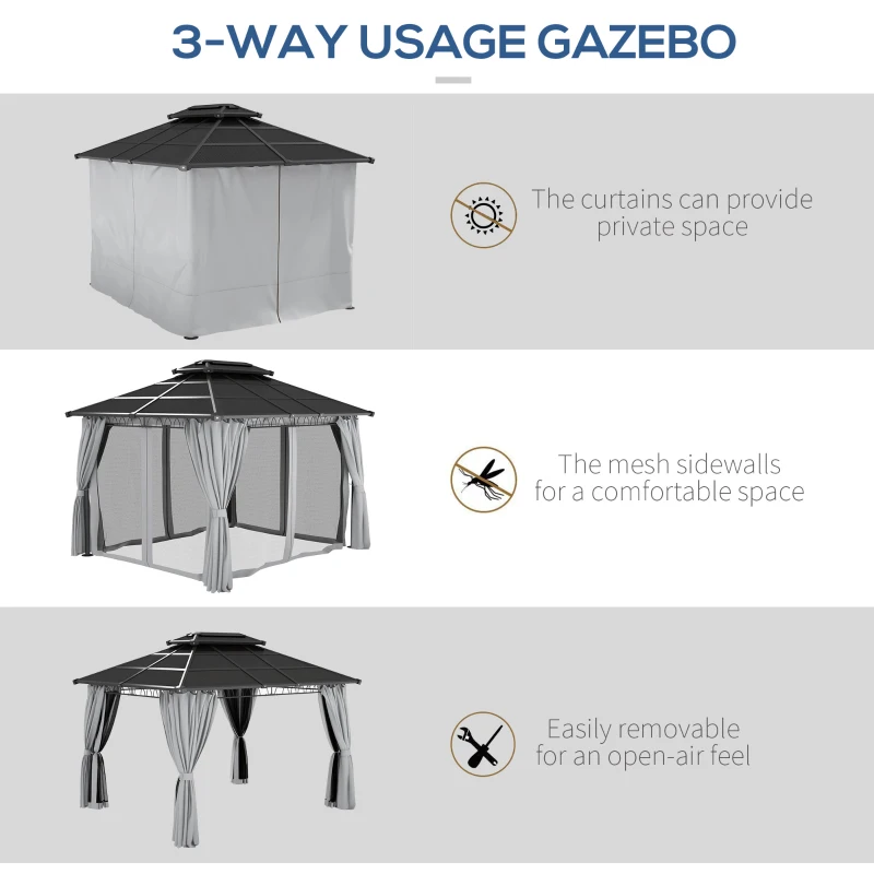 Outsunny 10' x 12' Outdoor Hardtop Gazebo Canopy w/ Double PC Roof, Steel Frame, Nettings, Curtains for Garden Lawn Deck, Grey