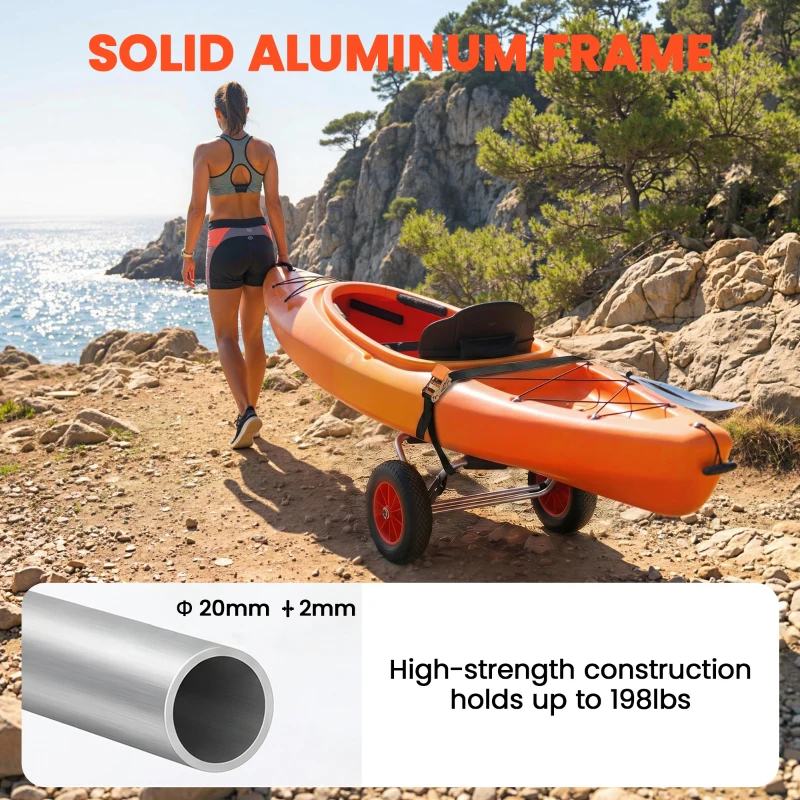 Soozier 198LBS Kayak Cart, Foldable Canoe Trolley Cart, Kayak Trailer with Tie-Down Strap, 10'' No-Flat Wheels and Aluminum Frame, Silver