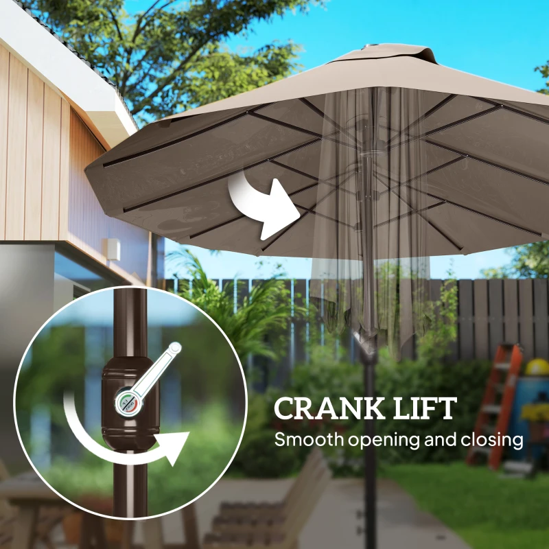 Outsunny 15' Outdoor Patio Umbrella with Twin Canopy Sunshade Steel Table Umbrella w/ Lift Crank, Cross base, Sandbag, Brown