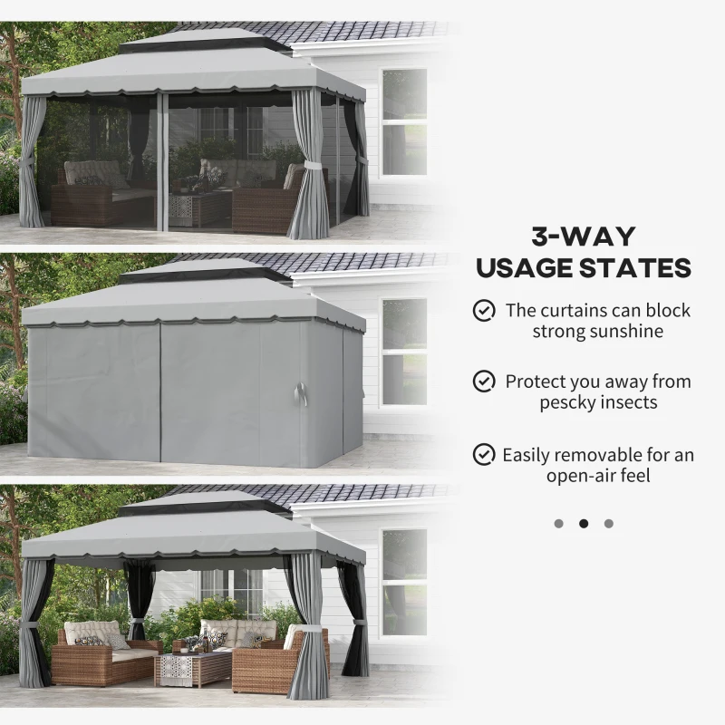 Outsunny 13' x 10' Patio Gazebo Canopy with 2-Tier Polyester Roof, Vented Mesh Sidewall & Strong Aluminum Frame, Medium Grey