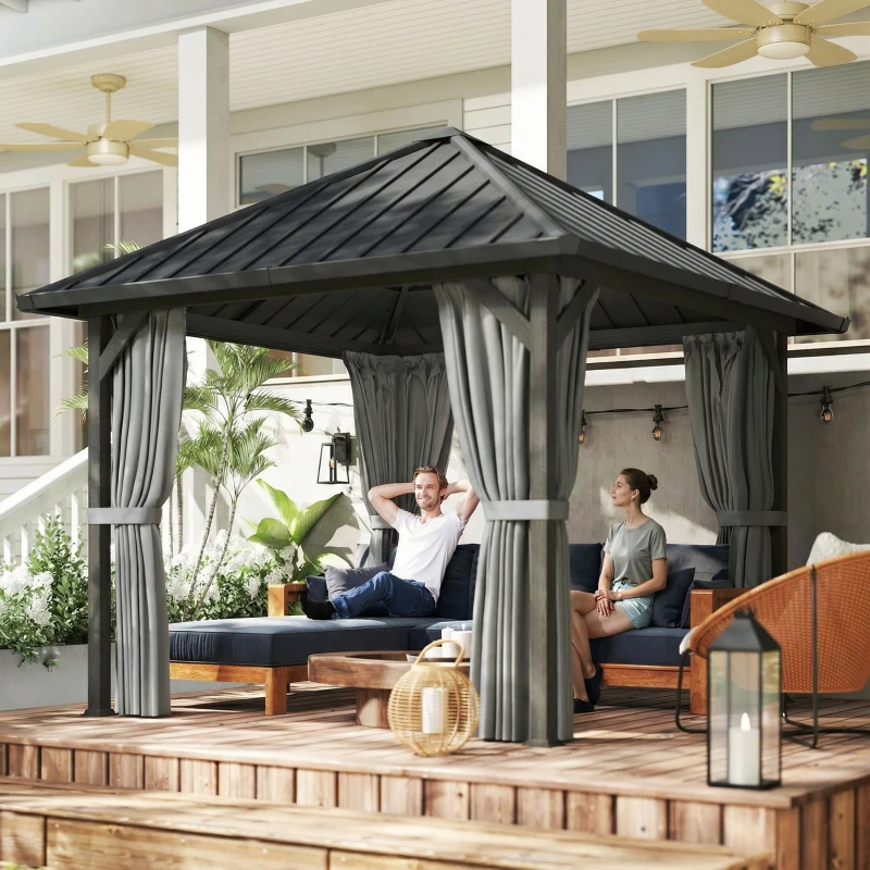 Outsunny 10' x 10' Hardtop Gazebo with Galvanized Steel Roof, Permanent Garden Gazebo with Netting and Curtains