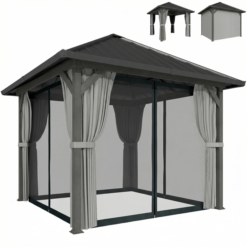 Outsunny 10' x 10' Hardtop Gazebo with Galvanized Steel Roof, Permanent Garden Gazebo with Netting and Curtains