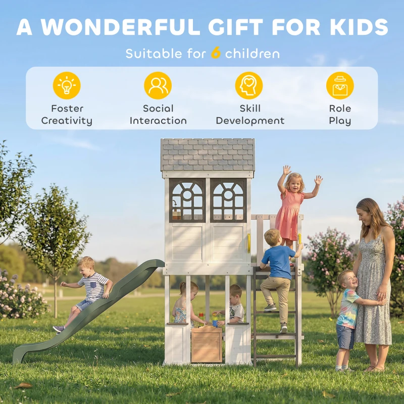 Qaba Two-Story Outdoor Playhouse, Wooden Kids Playhouse with Slide, Table & Bench, Play Kitchen, Ladder, Blackboard, White