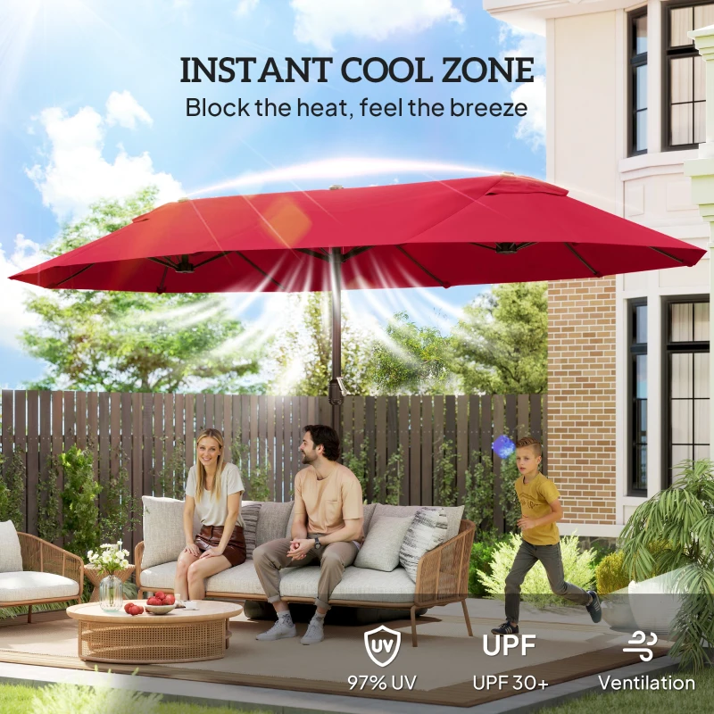 Outsunny 15' Outdoor Patio Umbrella with Twin Canopy Sunshade Steel Table Umbrella with Lift Crank, Cross base, Sandbag, Wine Red