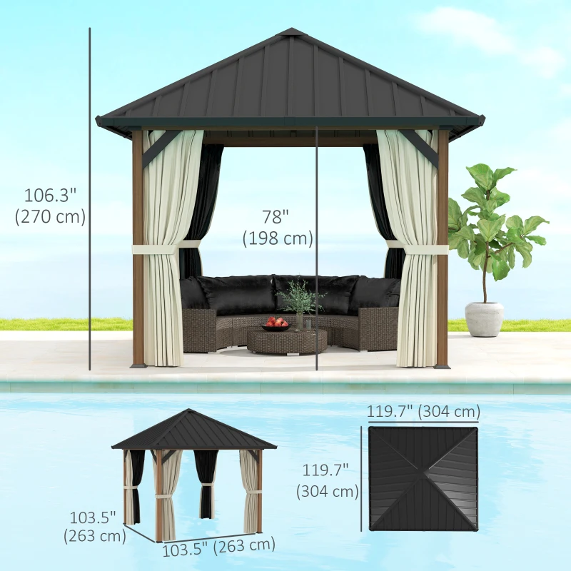 Outsunny 10' x 10' Hardtop Gazebo with Galvanized Steel Roof, Permanent Garden Gazebo with Netting and Curtains