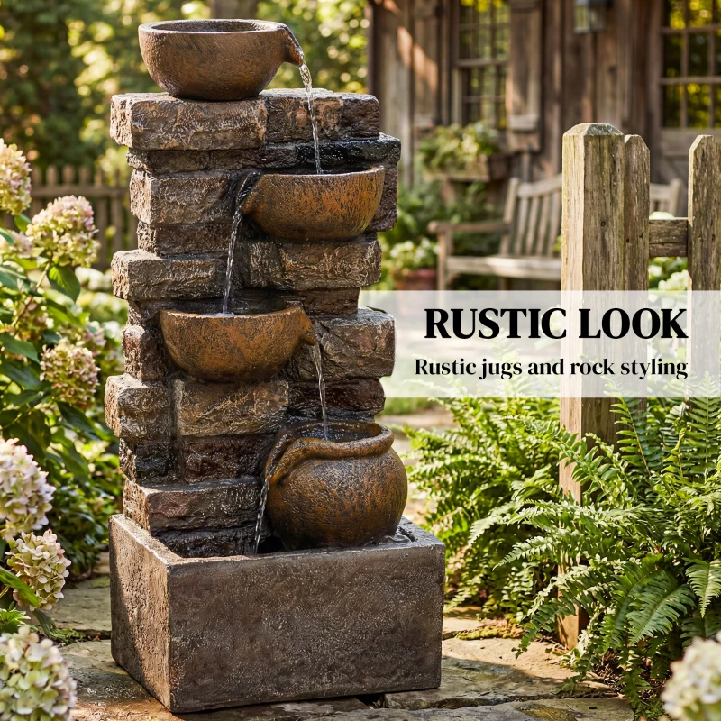Outsunny 28" Outdoor Fountain with 5-Tier Rustic Jugs, Cascading Waterfall with LED Lights, Adjustable Flow, Rustic Brown