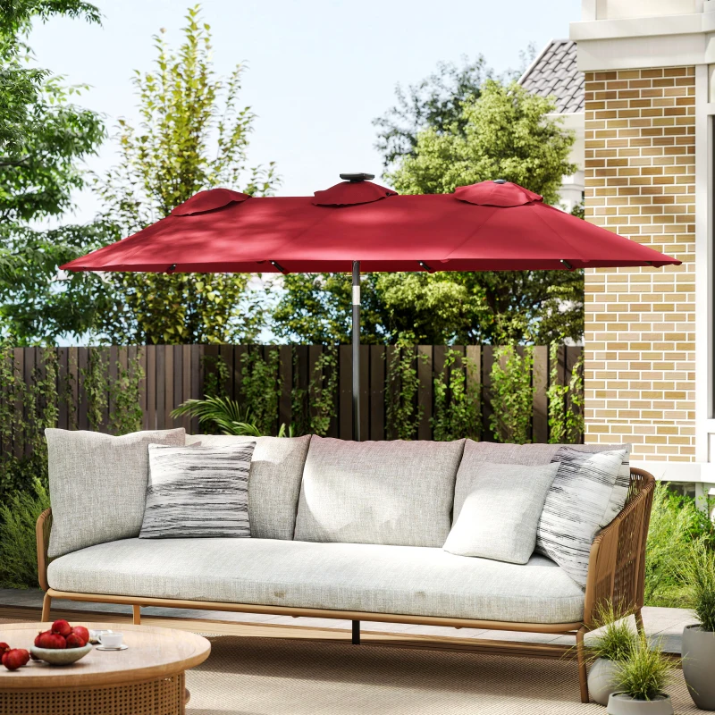 Outsunny Double-sided Patio Umbrella, 9.7' Outdoor Umbrella with Tilt and Crank, LED Solar Light and 12 Ribs, Wine Red