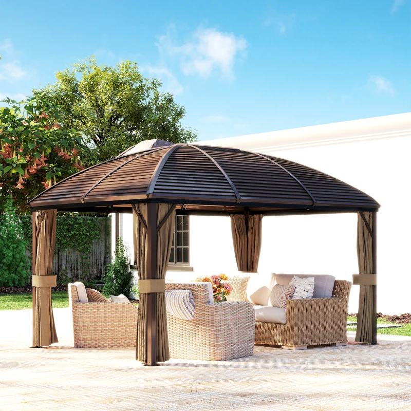 Outsunny 10' x 13' Hardtop Gazebo Aluminum Outdoor Canopy with Mesh Nettings, Curtains, Brown