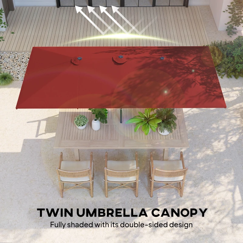 Outsunny Double-Sided Patio Umbrella Parasol with Tilt, Adjustable Height, Vents and 12 Ribs, for Garden, Deck, Pool, Wine Red