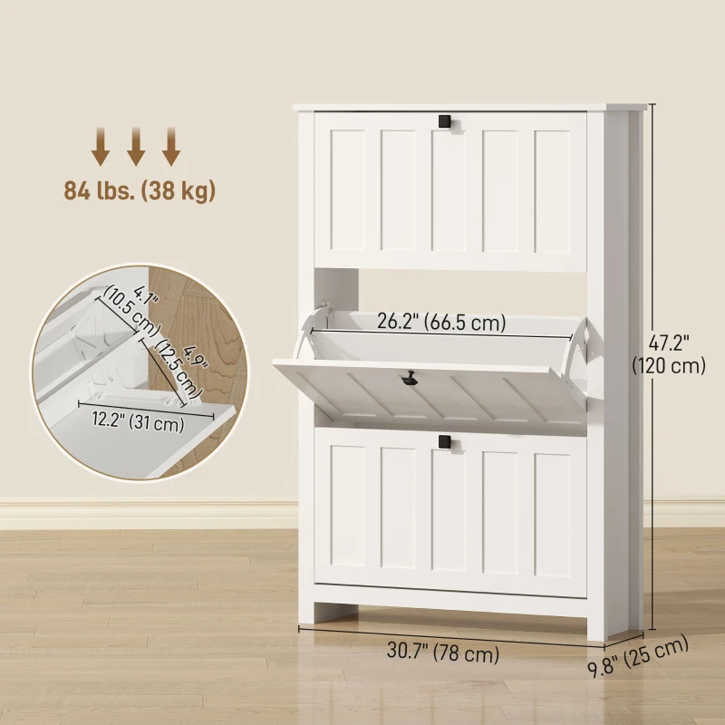 HOMCOM Slim Shoe Cabinet with 3 Flip Drawers, Shoe Storage Cabinet with Adjustable Shelves for Entryway, Holds 18 Pairs, White