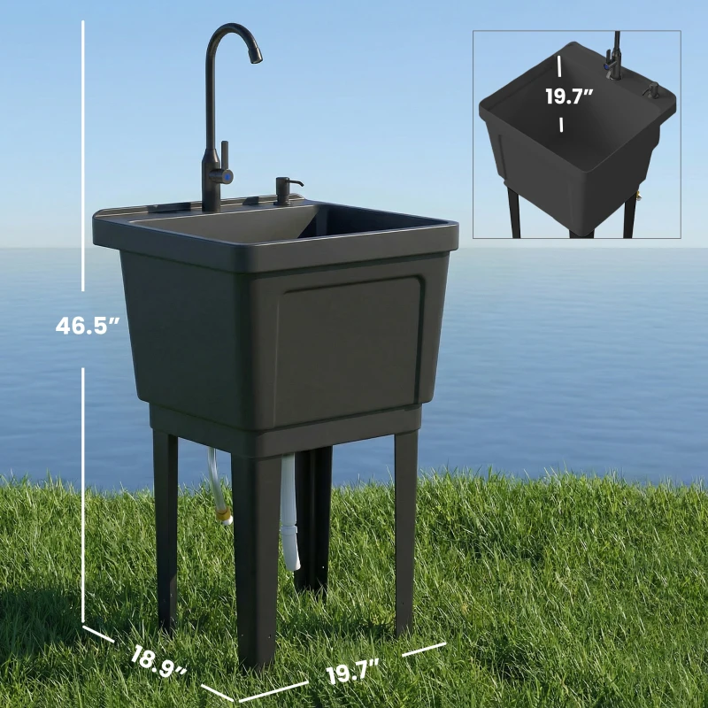 Outsunny Portable 23-Gallon Utility Sink Laundry Tub for Washing Room, Freestanding Laundry Sink with Soap Dispenser, Black