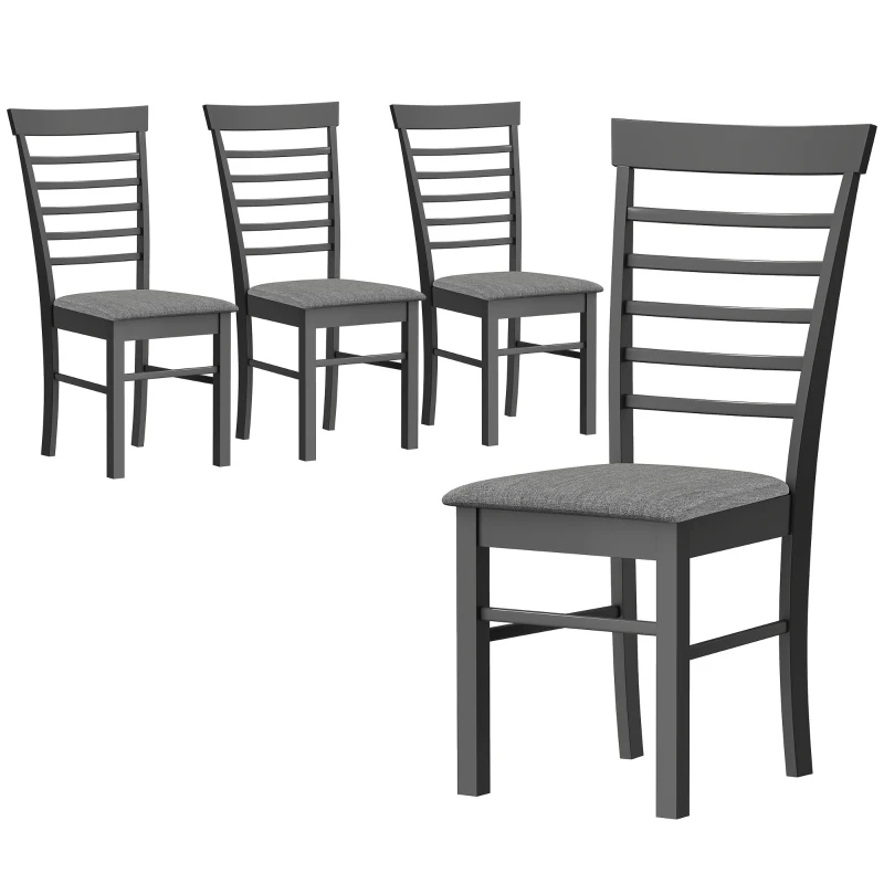 HOMCOM Wooden Dining Chairs Set of 4, Farmhouse Upholstered Kitchen Chairs with Rubber Wood Frame, Black and Gray