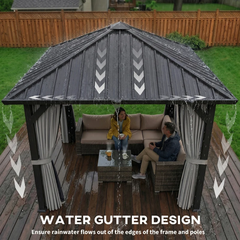 Outsunny 10' x 10' Hardtop Gazebo with Galvanized Steel Roof, Permanent Garden Gazebo with Netting and Curtains