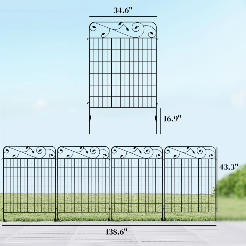 Outsunny Garden Fence, 4 Pack Steel Fence Panels, 11.5' L x 43" H, Rust-Resistant Decorative Border Flower Edging for Yard, Landscape, Patio, Outdoor Decor, Square Vines