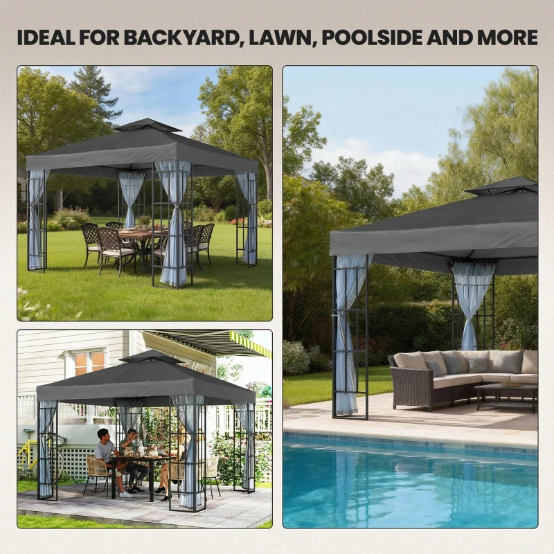 Outsunny 10'x10' Garden Gazebo Patio Canopy Portable Party Event Backyard w/ Mosquito Netting Dark Grey