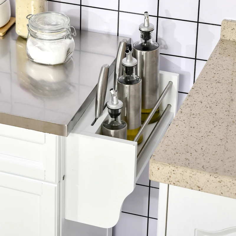 HOMCOM Kitchen Island on Wheels, Rolling Kitchen Cart with Stainless Steel Countertop, Drawer, Towel Rack and Spice Rack, Utility Storage Trolley, White