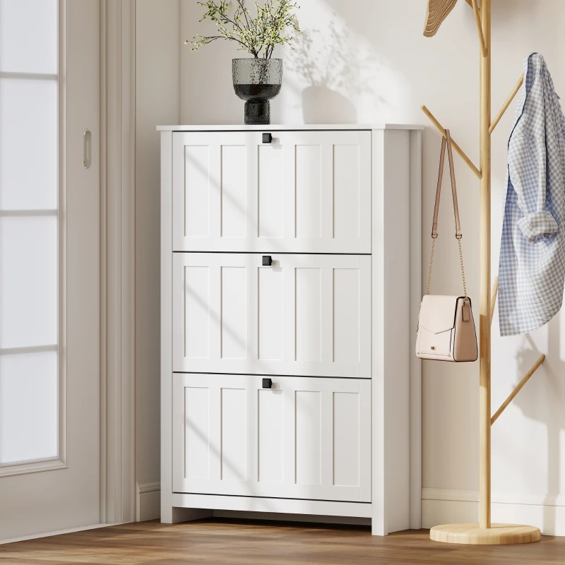 HOMCOM Slim Shoe Cabinet with 3 Flip Drawers, Shoe Storage Cabinet with Adjustable Shelves for Entryway, Holds 18 Pairs, White