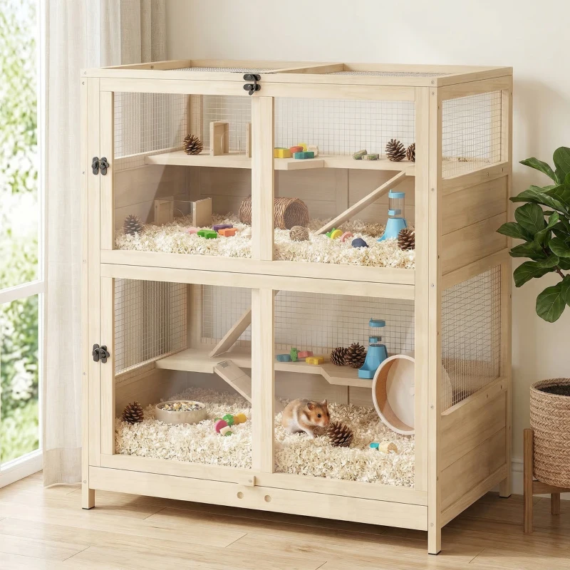 PawHut Wooden Hamster Cage, 4 Tier Small Animal Cage with Mesh Flip Roof, Pull-Out Tray, Huts, Seesaws, Ramps and Water Bottles