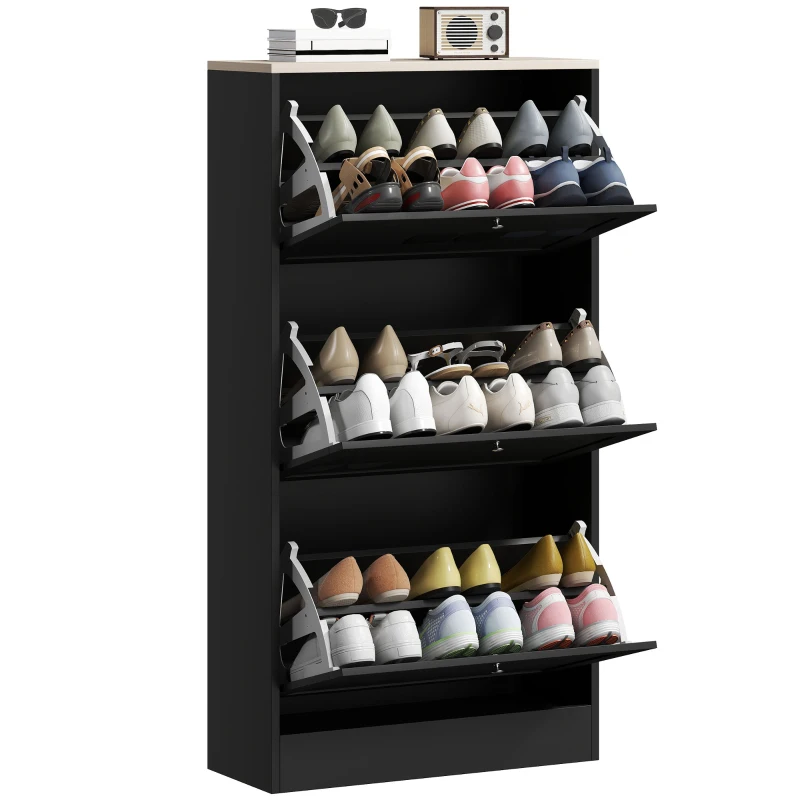 HOMCOM Modern Shoe Storage Cabinet with 3 Flip Drawers and Adjustable Shelves for 12-18 Pairs of Shoes, Black