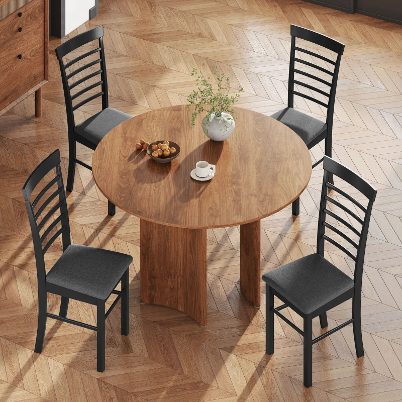 HOMCOM Wooden Dining Chairs Set of 4, Farmhouse Upholstered Kitchen Chairs with Rubber Wood Frame, Black and Gray
