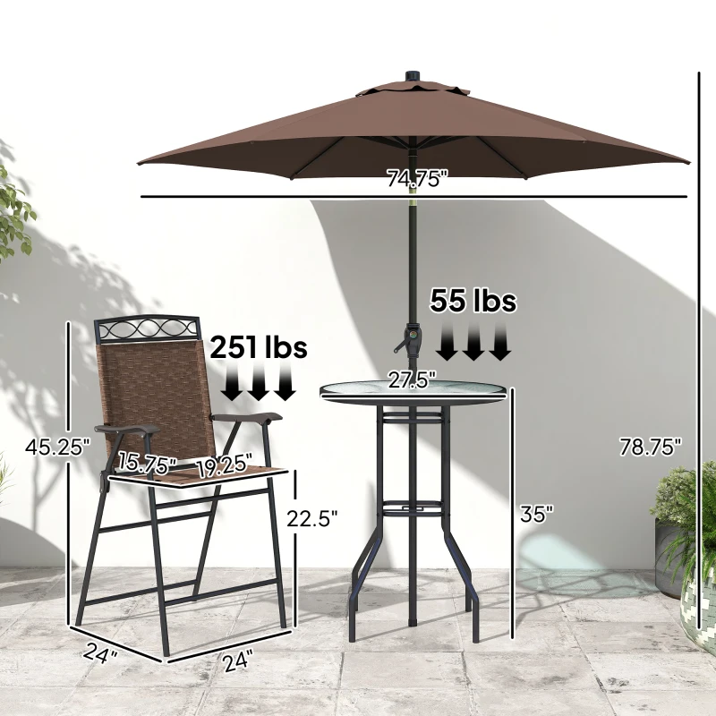 Outsunny 4 Piece Outdoor Bar Set with Umbrella, Patio Dining Set with 2 Folding Chairs, Wave Textured Tempered Glass Table for Backyard, Garden, Deck, Poolside, Brown