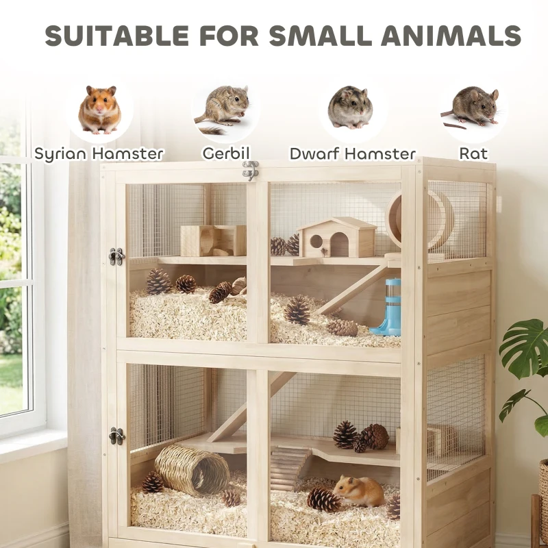 PawHut Wooden Hamster Cage, 4 Tier Small Animal Cage with Mesh Flip Roof, Pull-Out Tray, Huts, Seesaws, Ramps and Water Bottles