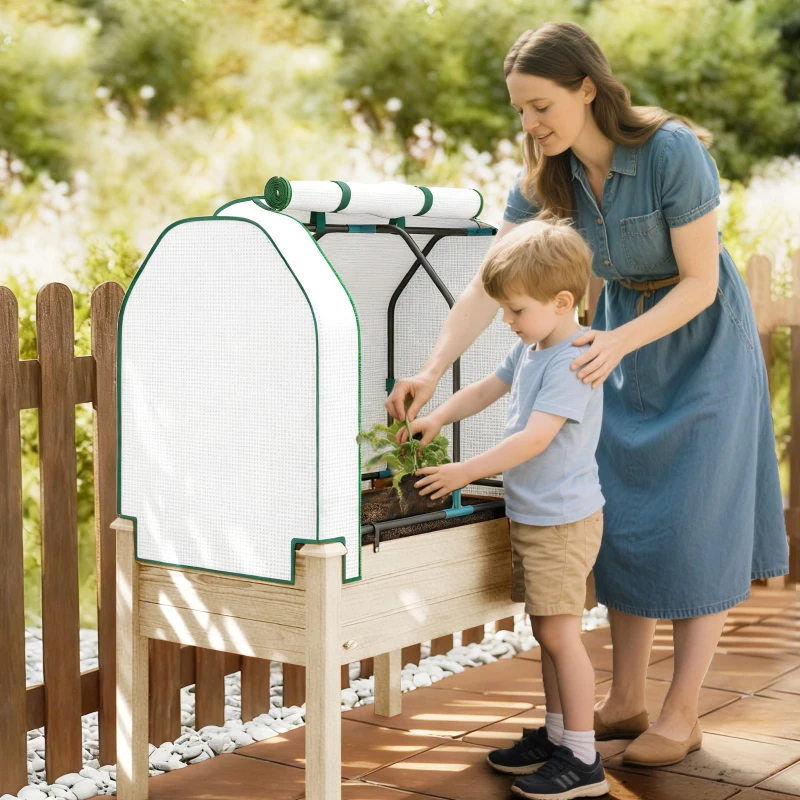 Outsunny Raised Garden Bed with PE Greenhouse Cover Outdoor Planter Box for Herbs and Vegetables, 35 x 22 x 47 inch, Natural