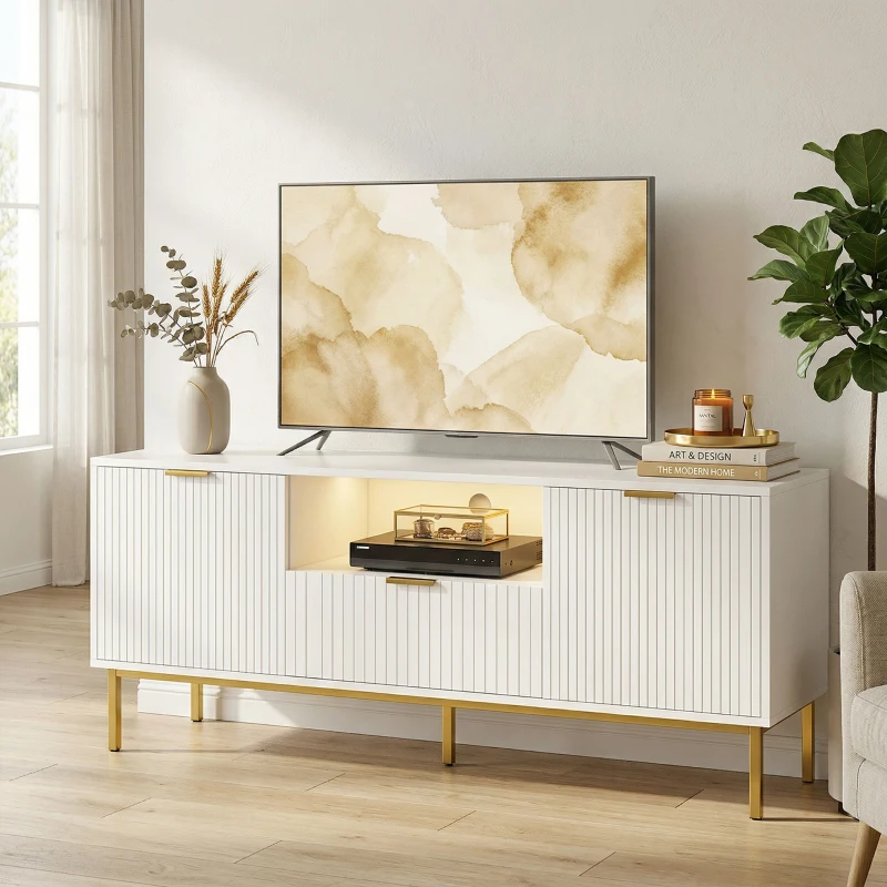 HOMCOM Modern TV Console for TVs up to 60 Inch, Entertainment Center with Smart RGB LED Lights and Soft Close Doors, White