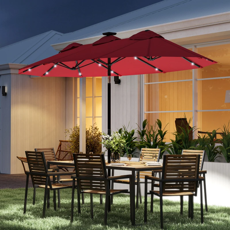 Outsunny Double-sided Patio Umbrella, 9.7' Outdoor Umbrella with Tilt and Crank, LED Solar Light and 12 Ribs, Wine Red