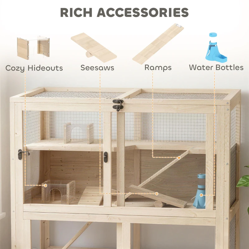 PawHut Wooden Hamster Cage, 4 Tier Small Animal Cage with Mesh Flip Roof, Pull-Out Tray, Huts, Seesaws, Ramps and Water Bottles
