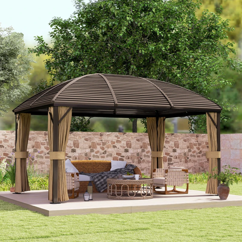Outsunny 10' x 13' Hardtop Gazebo Aluminum Outdoor Canopy with Mesh Nettings, Curtains, Brown