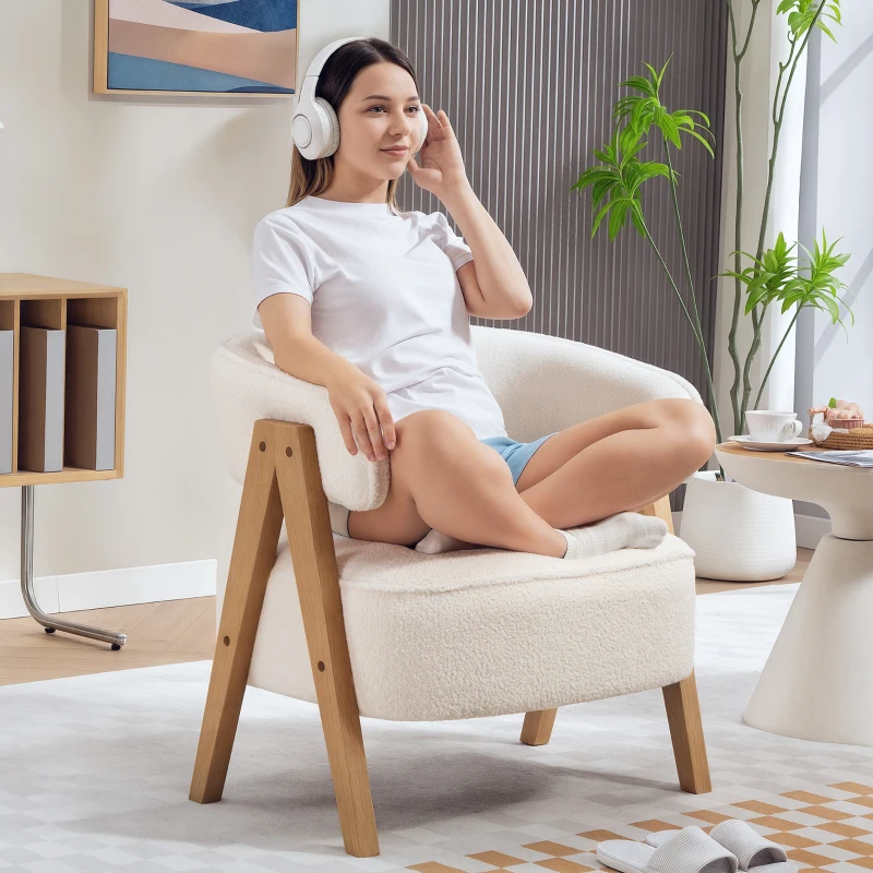HOMCOM Sherpa Fleece Accent Chair, Upholstered Armchair with Solid Wood Legs and Steel Frame for Living Room, White