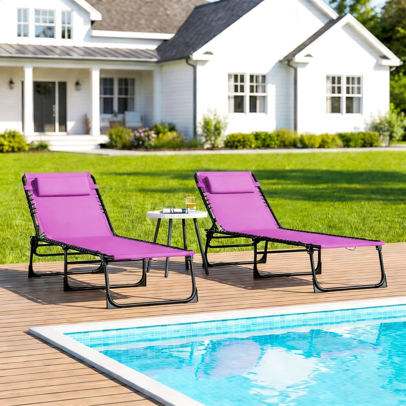 Outsunny 2 Folding Chaise Lounge Pool Chairs with 4-Position Reclining Back, Pillow, Breathable Mesh & Bungee Seat, Purple