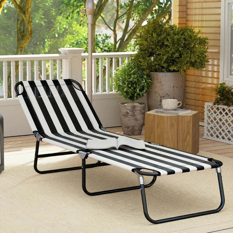 Outsunny Portable Folding Adjustable Sun Beach Lounger / Camping Cot - Black and White