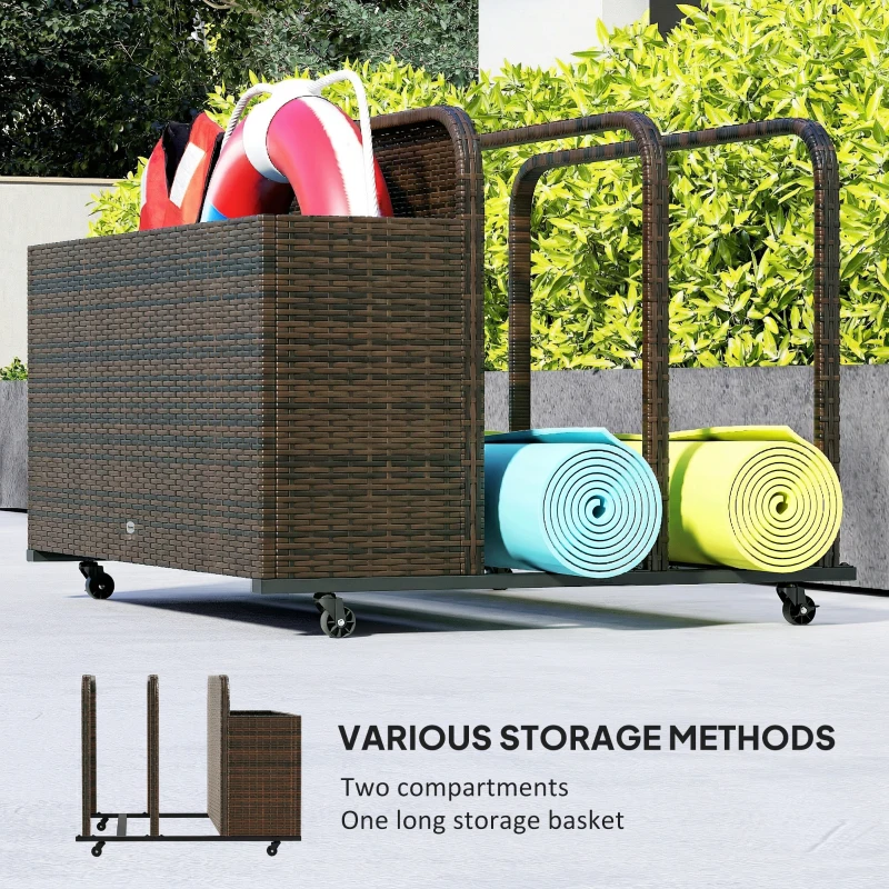 Outsunny PE Rattan Pool Float Storage Organizer with Wheels, Mixed Brown