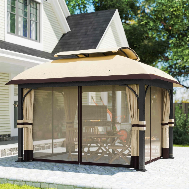Outsunny 11' x 13' Patio Gazebo, Double Roof Outdoor Gazebo Canopy with Netting & Curtains, Galvanized Metal Frame, Khaki