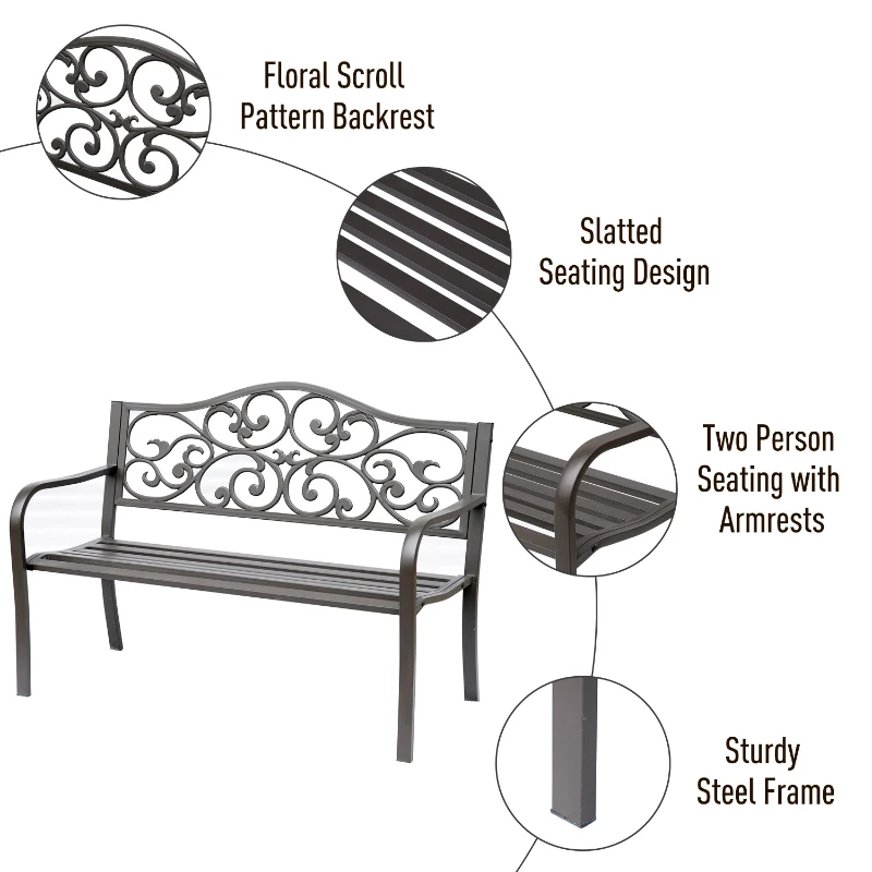 Outsunny 50" Vintage Floral Garden Cast Iron Patio Bench