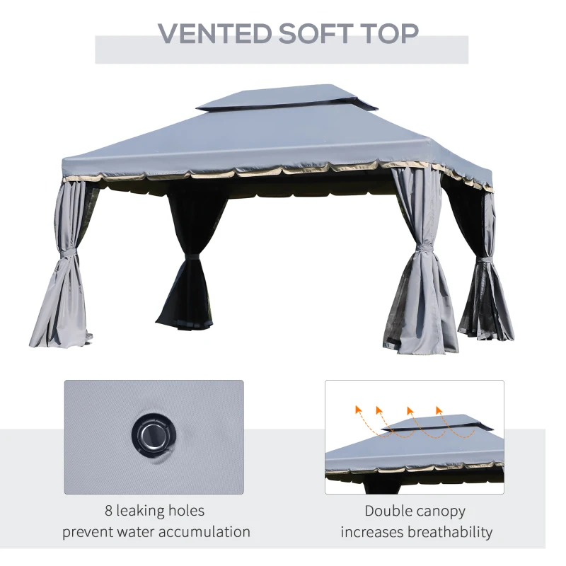 Outsunny 13' x 10' Patio Gazebo Canopy with 2-Tier Polyester Roof, Vented Mesh Sidewall & Strong Aluminum Frame, Grey