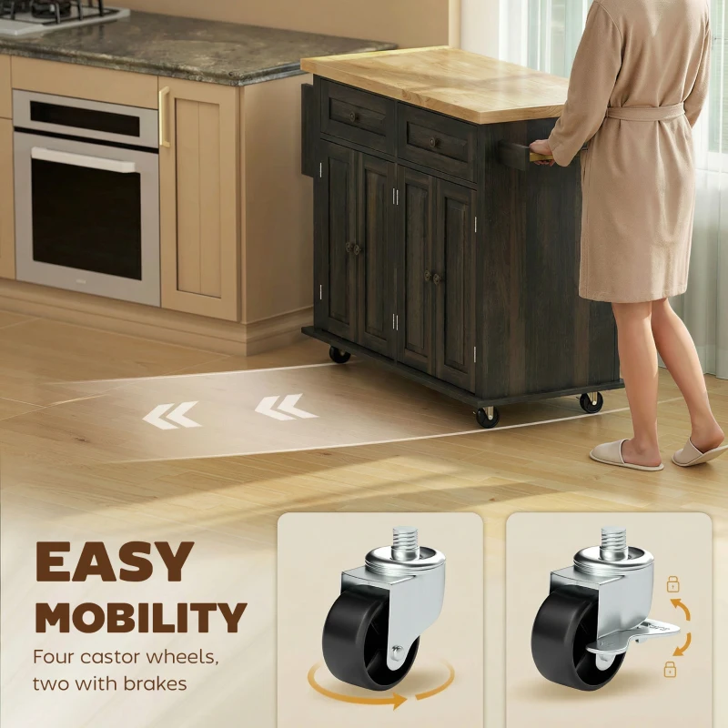 HOMCOM 44" Mobile Kitchen Island Table, Kitchen Island Cart on Wheels with Storage Cabinets, 2 Drawers, Brown