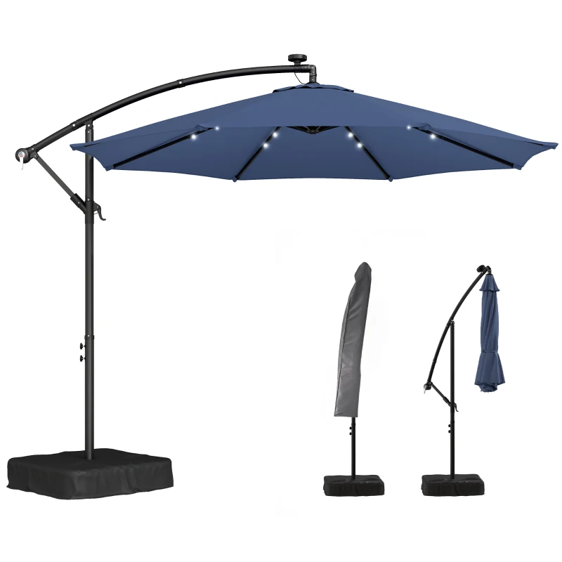 Outsunny 10 ft Cantilever Patio Umbrella with Light, Weight, Offset Hanging Outdoor Umbrella with Protective Cover, Dark Blue