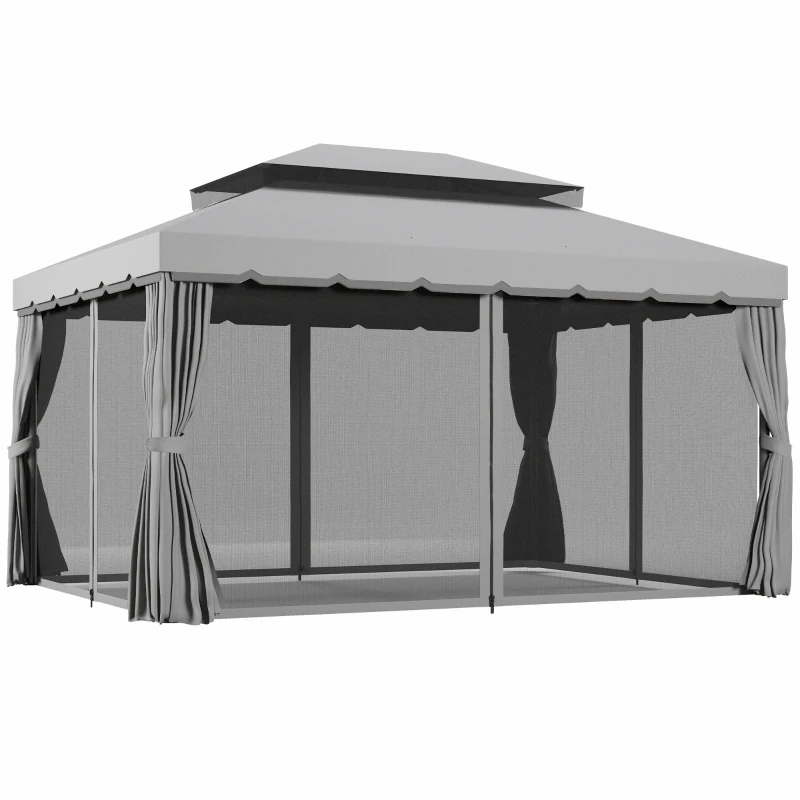 Outsunny 13' x 10' Patio Gazebo Canopy with 2-Tier Polyester Roof, Vented Mesh Sidewall & Strong Aluminum Frame, Medium Grey