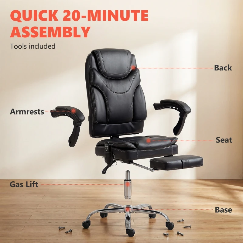 Vinsetto 6 Point Vibration Massage Office Chair, PU Leather Heated Reclining Computer Chair with Footrest, Black