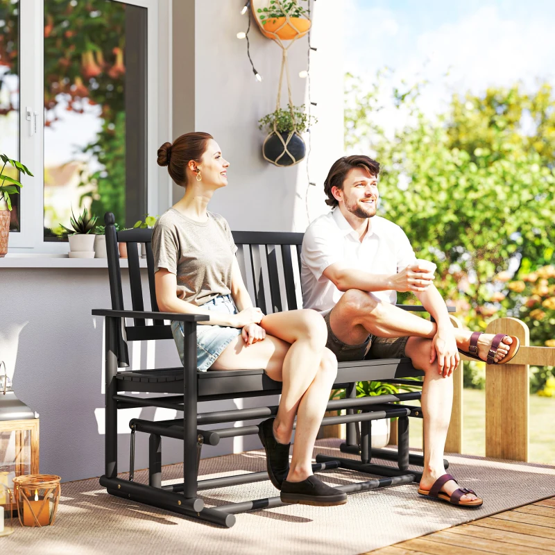 Outsunny Wooden Patio Glider Bench, Wood Log Outdoor Loveseat with High Back and Armrests, Heavy Duty 550lbs Capacity, 2-Seat, Black